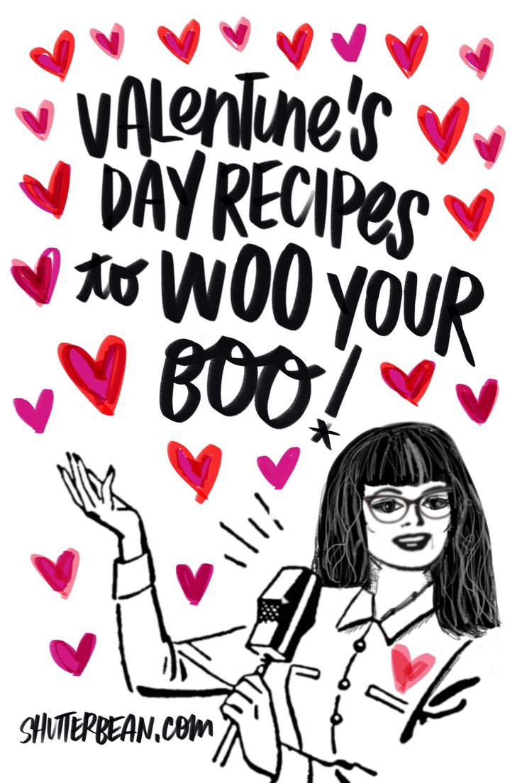 This may contain: a drawing of a woman holding a microphone with hearts around her and the words valentine's day recipes to woo your boo