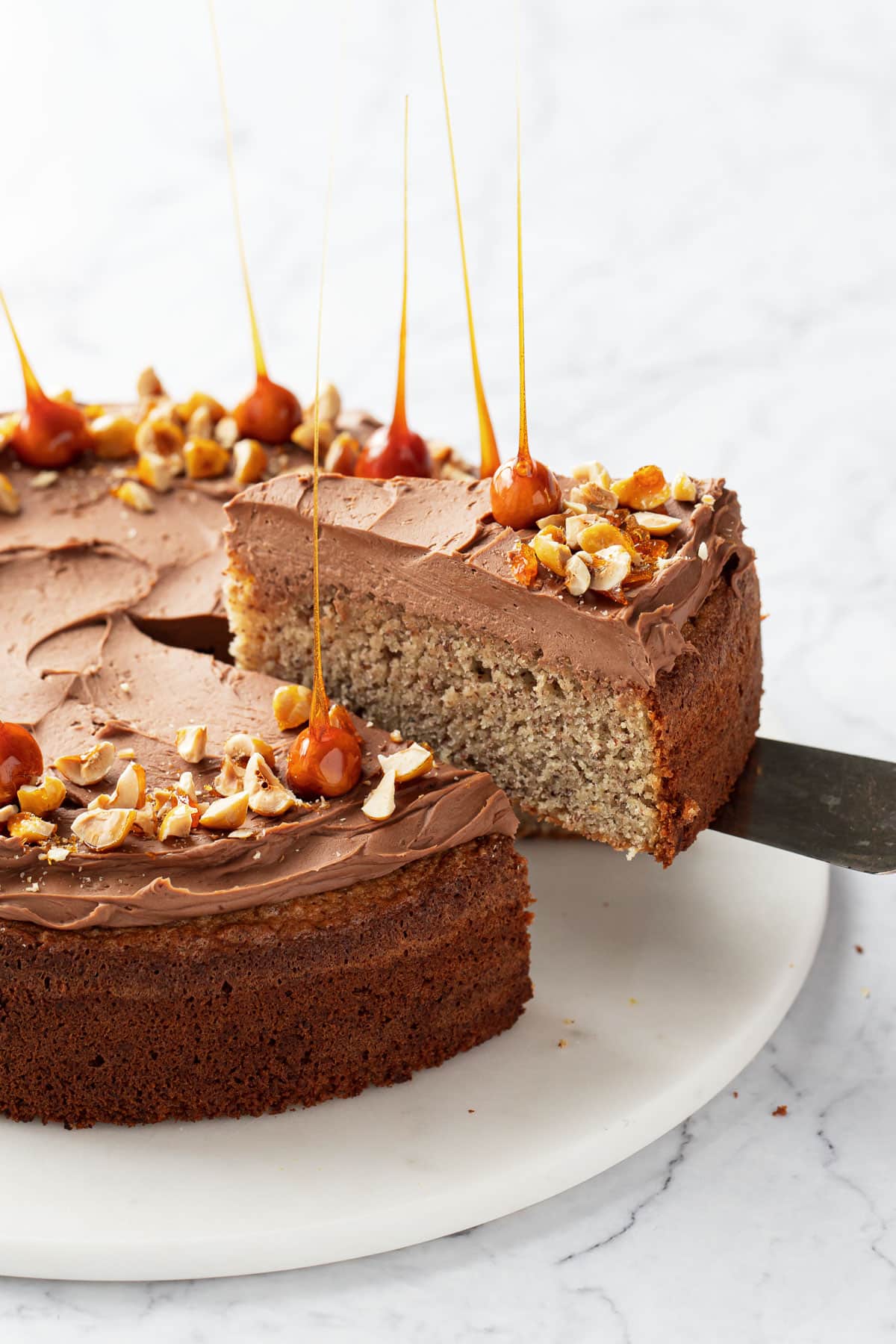 Cut slice of Flourless Hazelnut Cake lifted by a cake server, topped with sharp candied hazelnut spikes.