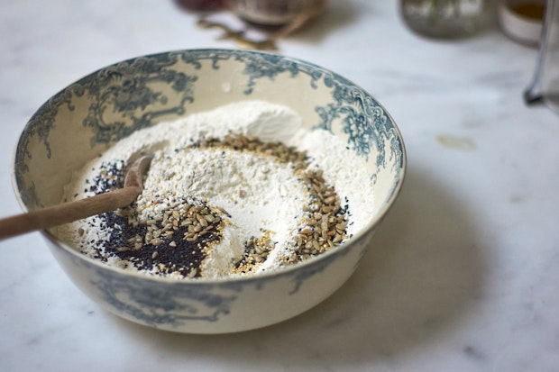 dry ingredients for making seeded popovers in a mixing bowl