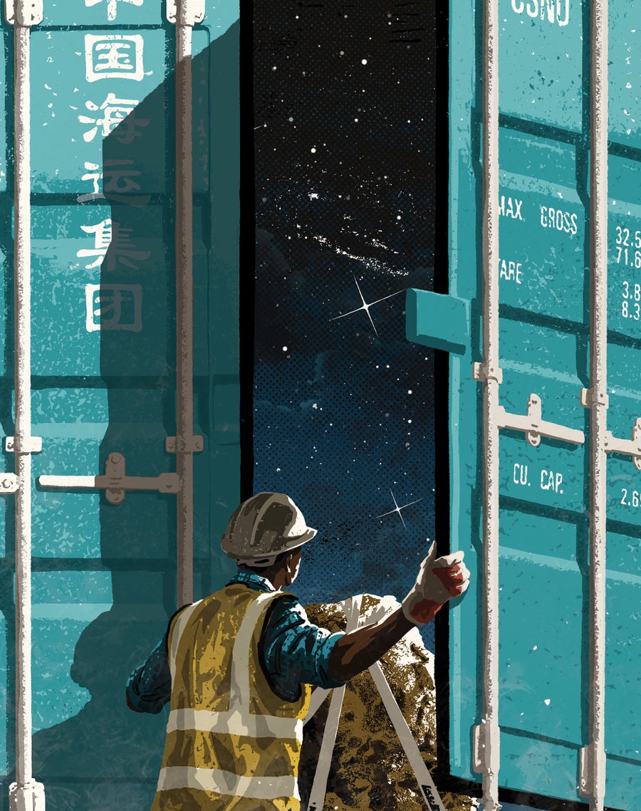 Illustration of a laborer in a yellow vest opening a door to space